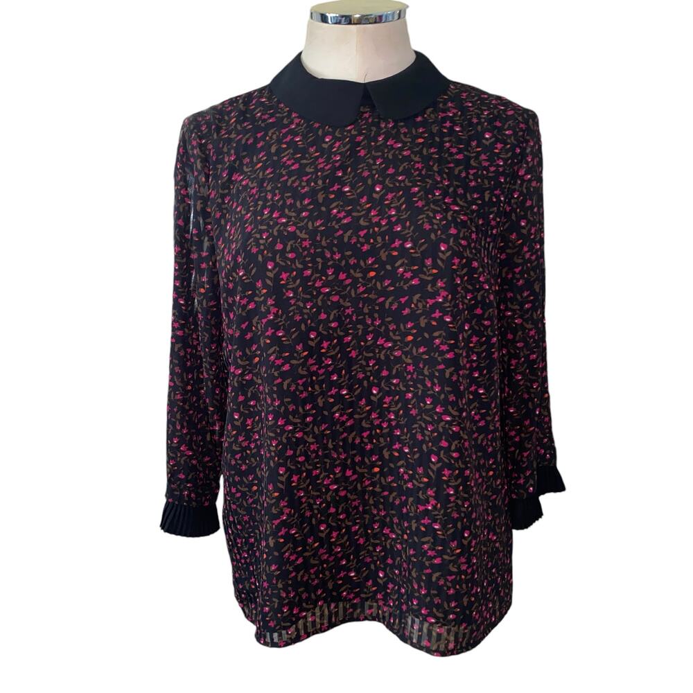 CeCe Black Floral Print Long Sleeve Sheer Striped Collared Blouse Size Medium